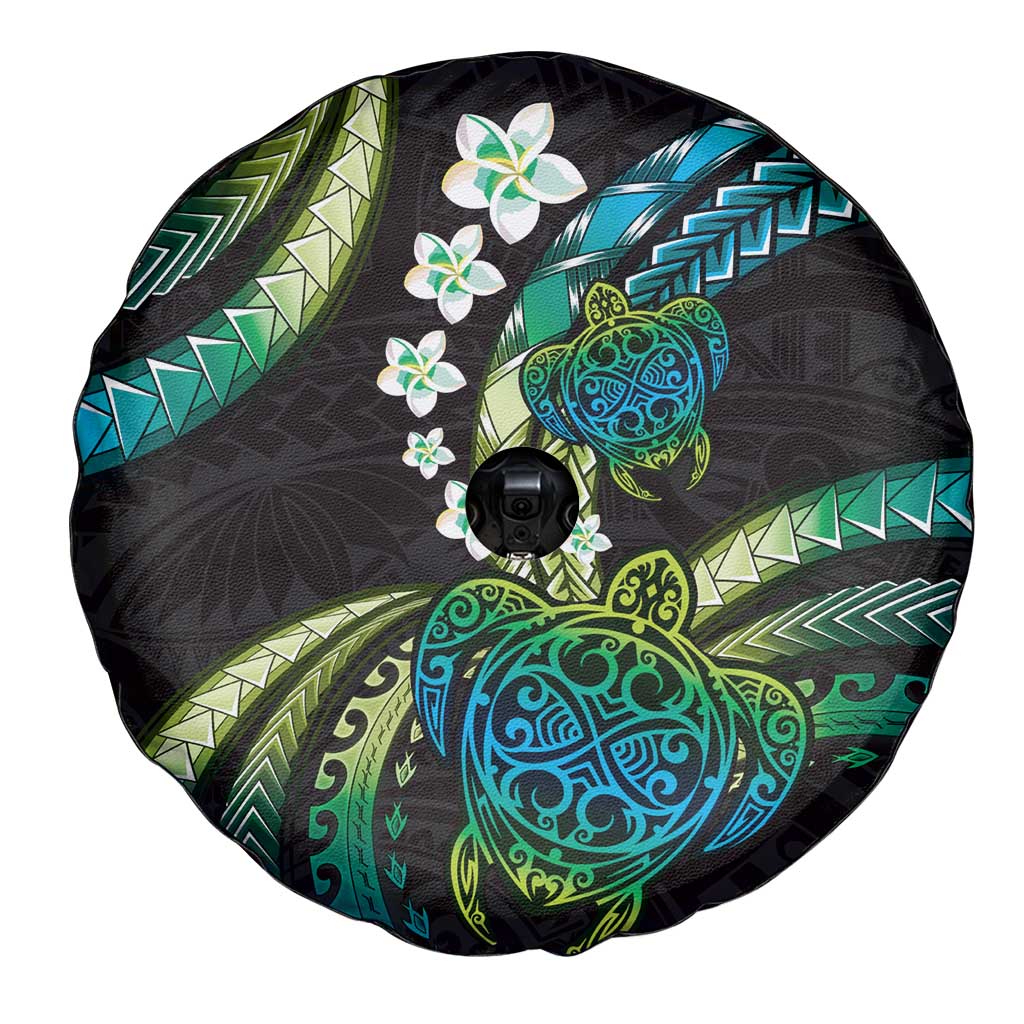Hawaii Turtles Plumeria Spare Tire Cover Chartreuse Cyan Polynesian Pattern