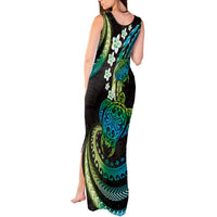 Hawaii Turtles Plumeria Tank Maxi Dress Chartreuse Cyan Polynesian Pattern