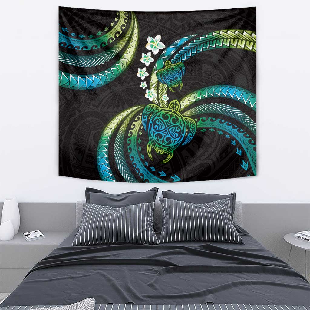 Hawaii Turtles Plumeria Tapestry Chartreuse Cyan Polynesian Pattern