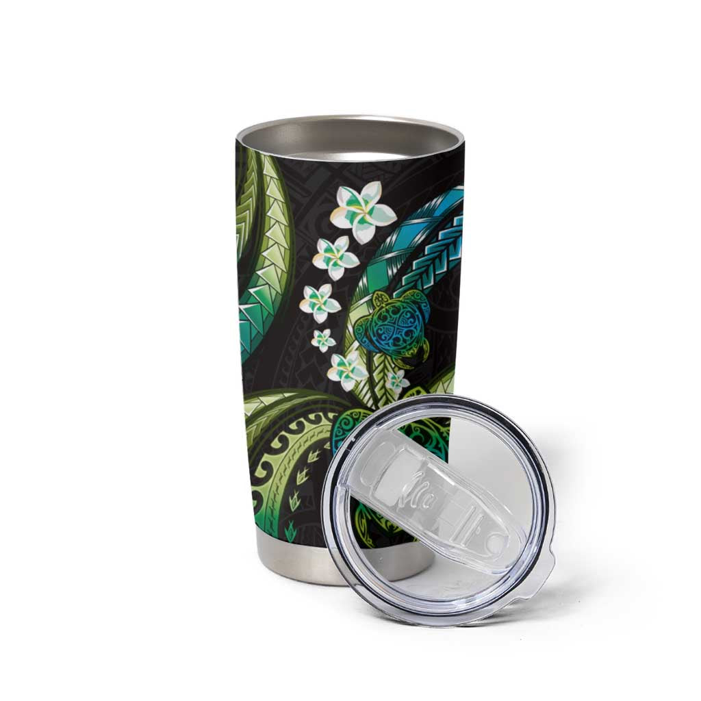Hawaii Turtles Plumeria Tumbler Cup Chartreuse Cyan Polynesian Pattern LT01 - Polynesian Pride