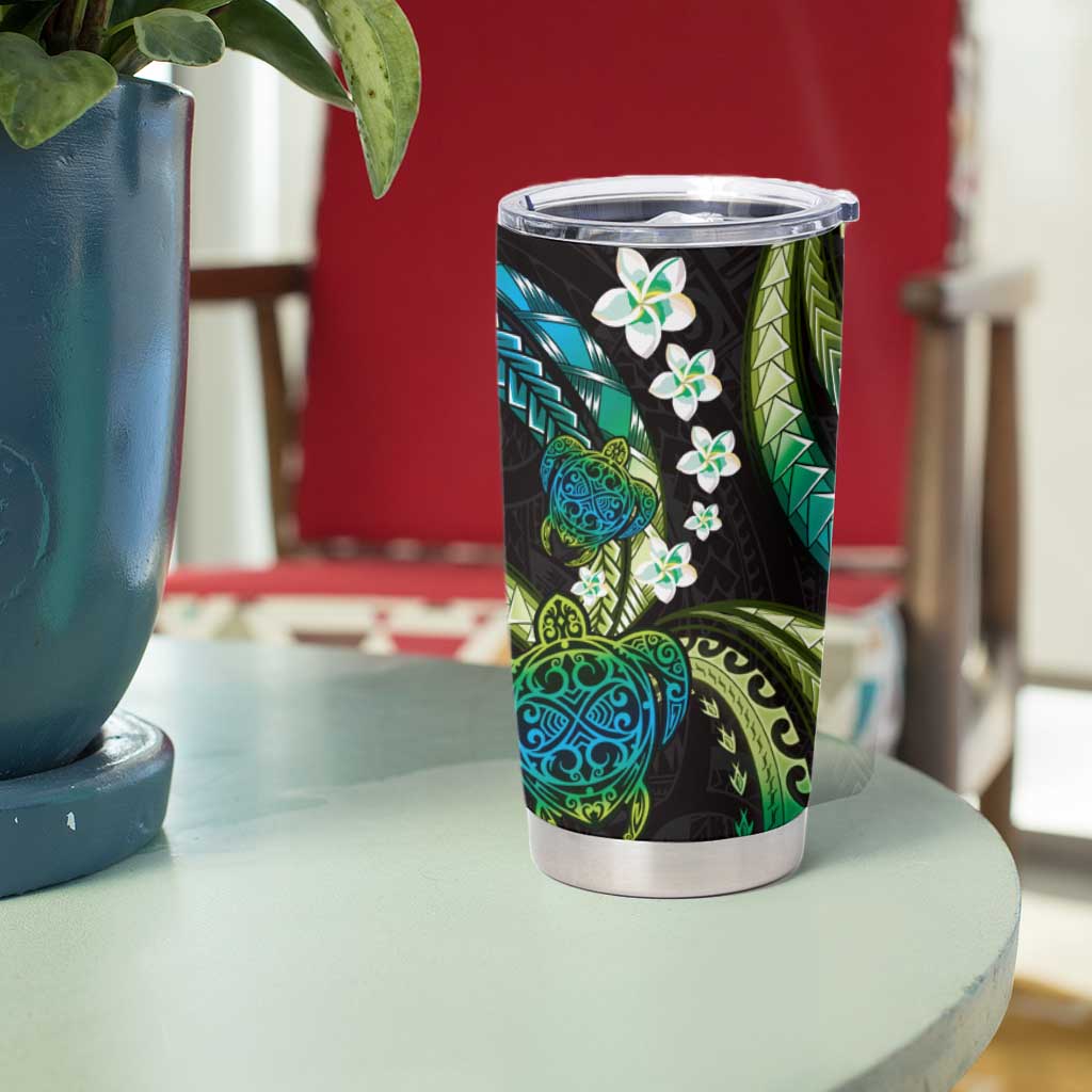Hawaii Turtles Plumeria Tumbler Cup Chartreuse Cyan Polynesian Pattern LT01 - Polynesian Pride