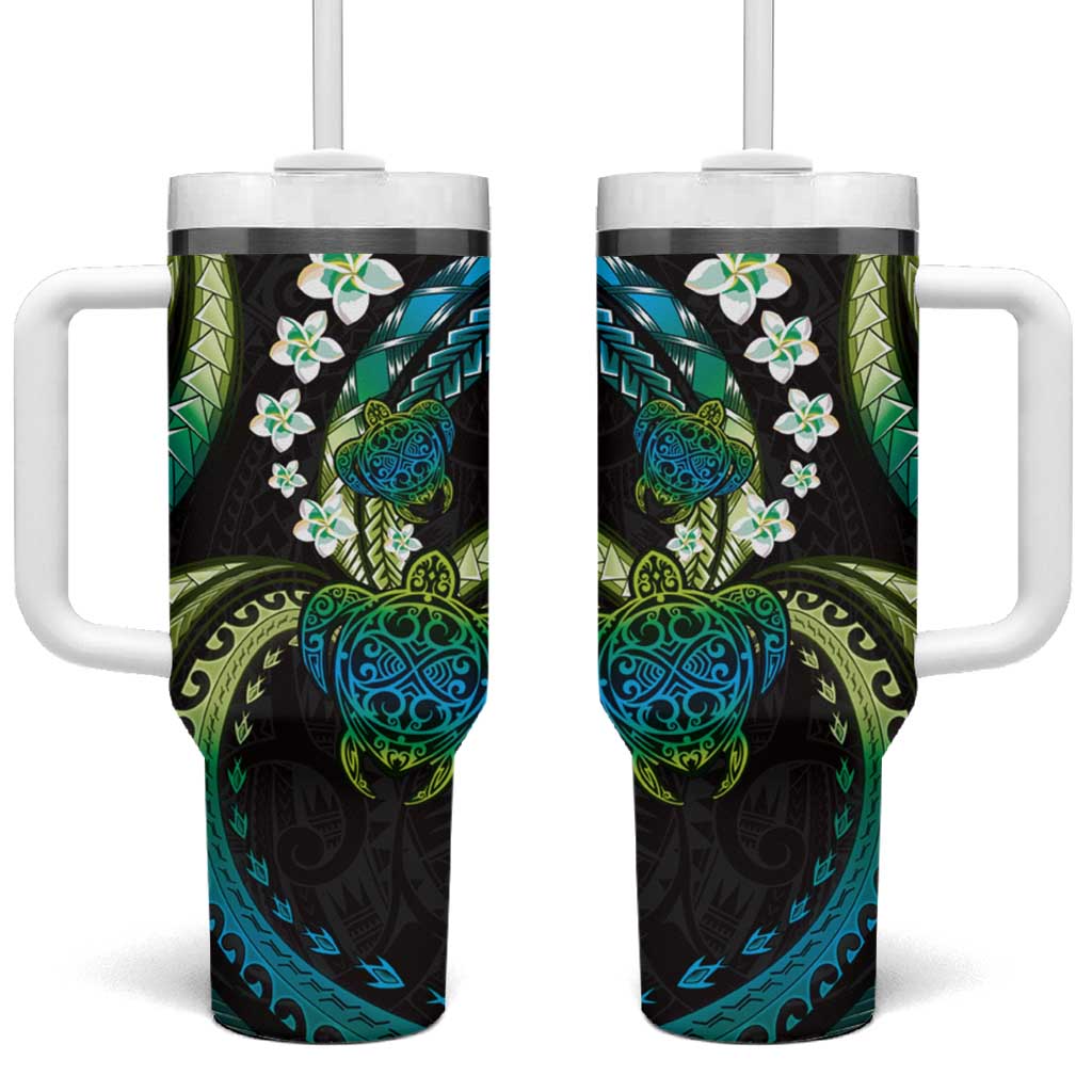 Hawaii Turtles Plumeria Tumbler With Handle Chartreuse Cyan Polynesian Pattern