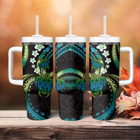Hawaii Turtles Plumeria Tumbler With Handle Chartreuse Cyan Polynesian Pattern