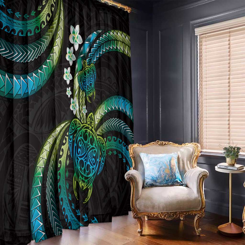 Hawaii Turtles Plumeria Window Curtain Chartreuse Cyan Polynesian Pattern