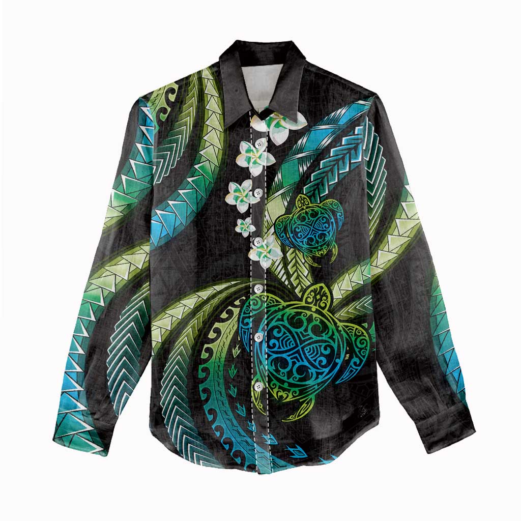 Hawaii Turtles Plumeria Women Casual Shirt Chartreuse Cyan Polynesian Pattern
