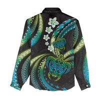 Hawaii Turtles Plumeria Women Casual Shirt Chartreuse Cyan Polynesian Pattern