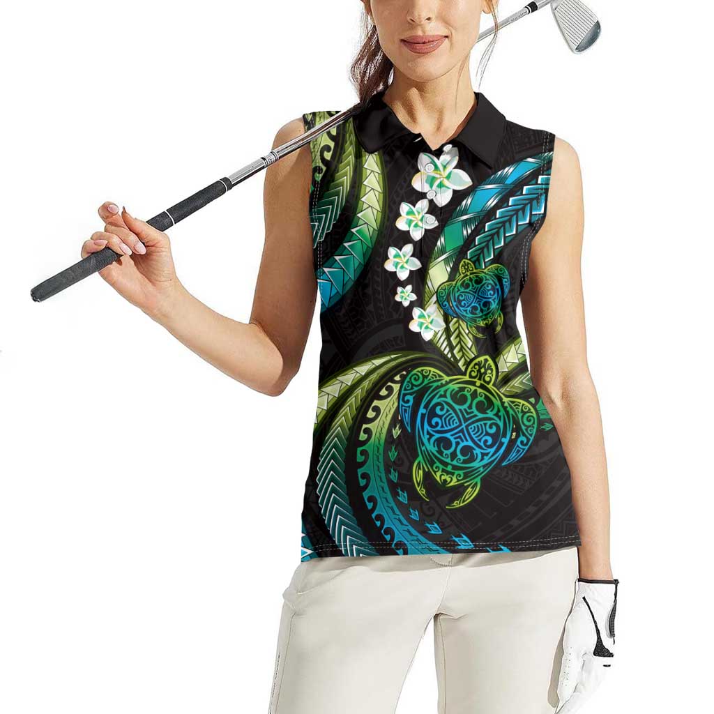 Hawaii Turtles Plumeria Women Sleeveless Polo Shirt Chartreuse Cyan Polynesian Pattern