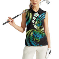 Hawaii Turtles Plumeria Women Sleeveless Polo Shirt Chartreuse Cyan Polynesian Pattern