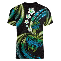 Hawaii Turtles Plumeria Women V-Neck T-Shirt Chartreuse Cyan Polynesian Pattern