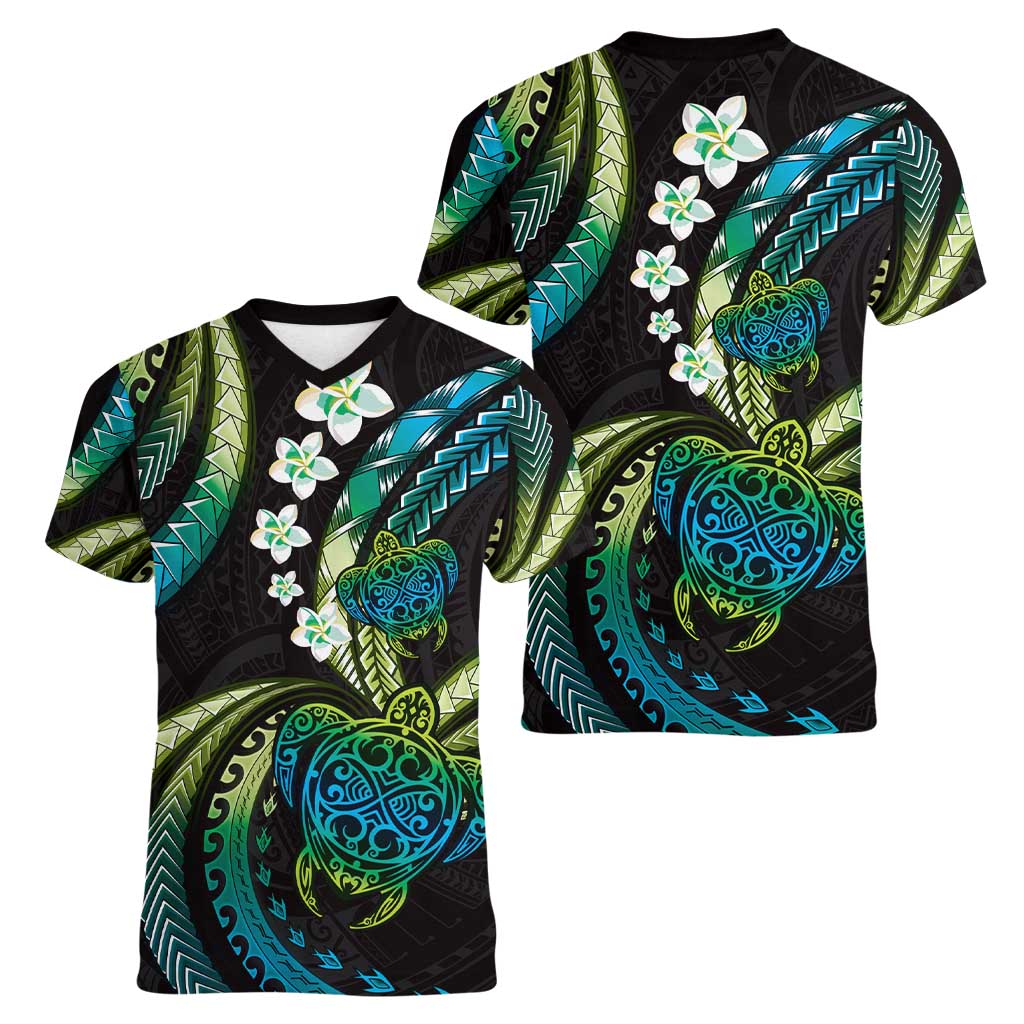 Hawaii Turtles Plumeria Women V-Neck T-Shirt Chartreuse Cyan Polynesian Pattern