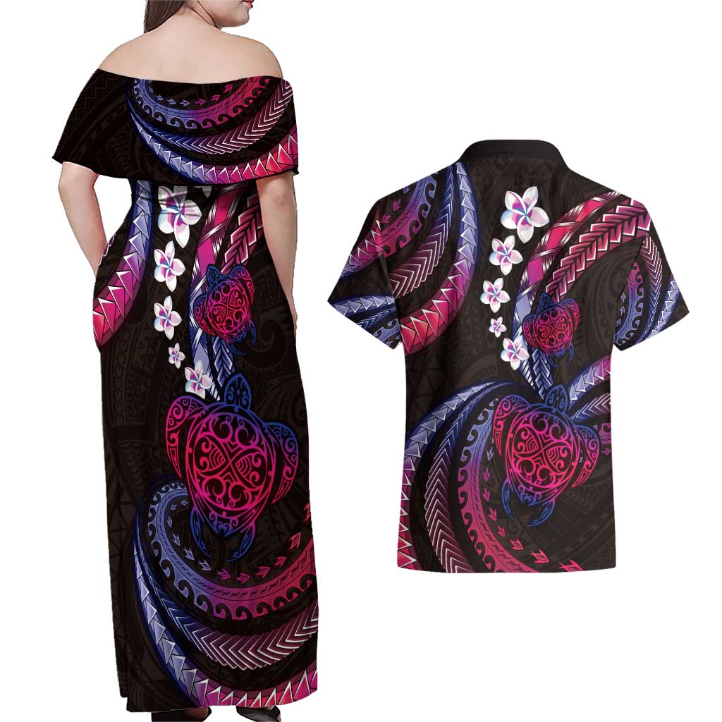 Hawaii Turtles Plumeria Couples Matching Off Shoulder Maxi Dress and Hawaiian Shirt Sweet Gradient Polynesian Pattern