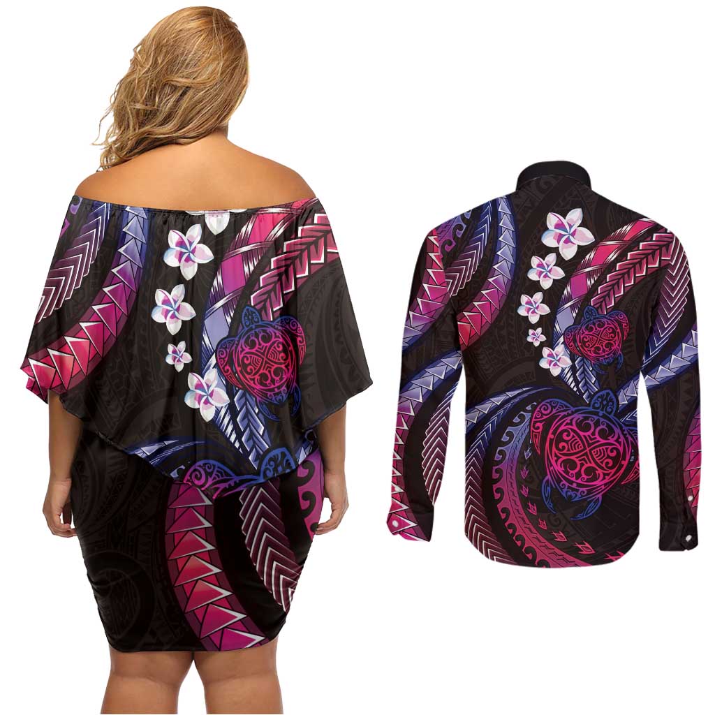 Hawaii Turtles Plumeria Couples Matching Off Shoulder Short Dress and Long Sleeve Button Shirt Sweet Gradient Polynesian Pattern
