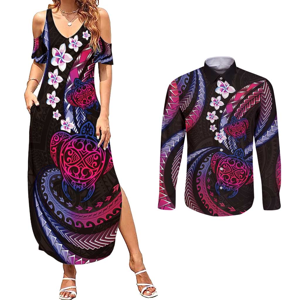 Hawaii Turtles Plumeria Couples Matching Summer Maxi Dress and Long Sleeve Button Shirt Sweet Gradient Polynesian Pattern