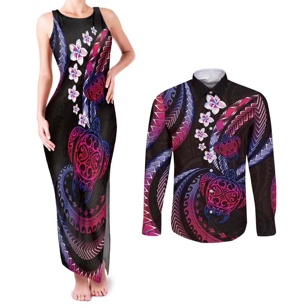 Hawaii Turtles Plumeria Couples Matching Tank Maxi Dress and Long Sleeve Button Shirt Sweet Gradient Polynesian Pattern