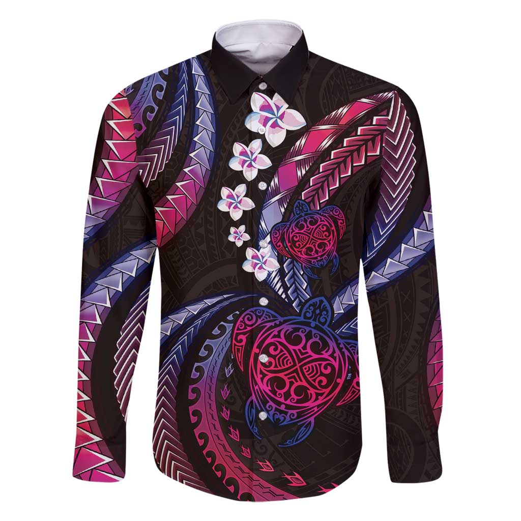 Hawaii Turtles Plumeria Family Matching Long Sleeve Bodycon Dress and Hawaiian Shirt Sweet Gradient Polynesian Pattern