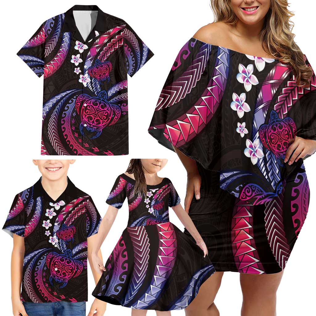 Hawaii Turtles Plumeria Family Matching Off Shoulder Short Dress and Hawaiian Shirt Sweet Gradient Polynesian Pattern