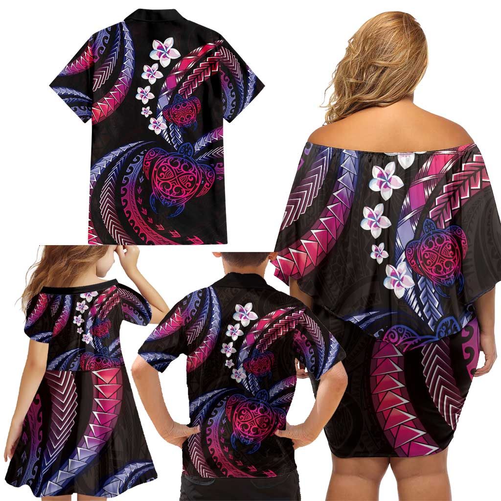 Hawaii Turtles Plumeria Family Matching Off Shoulder Short Dress and Hawaiian Shirt Sweet Gradient Polynesian Pattern