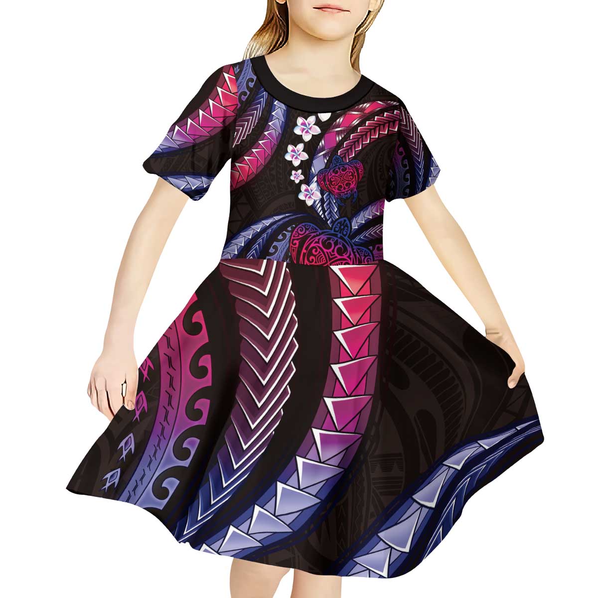 Hawaii Turtles Plumeria Kid Short Sleeve Dress Sweet Gradient Polynesian Pattern