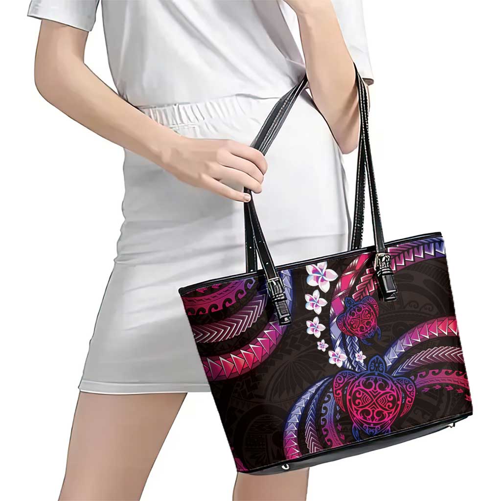 Hawaii Turtles Plumeria Leather Tote Bag Sweet Gradient Polynesian Pattern