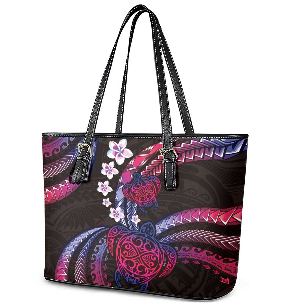 Hawaii Turtles Plumeria Leather Tote Bag Sweet Gradient Polynesian Pattern