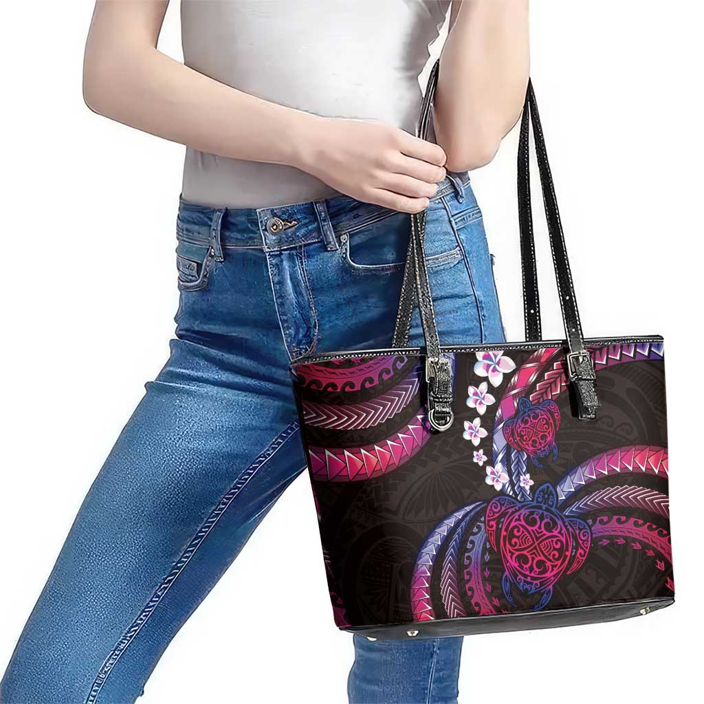 Hawaii Turtles Plumeria Leather Tote Bag Sweet Gradient Polynesian Pattern