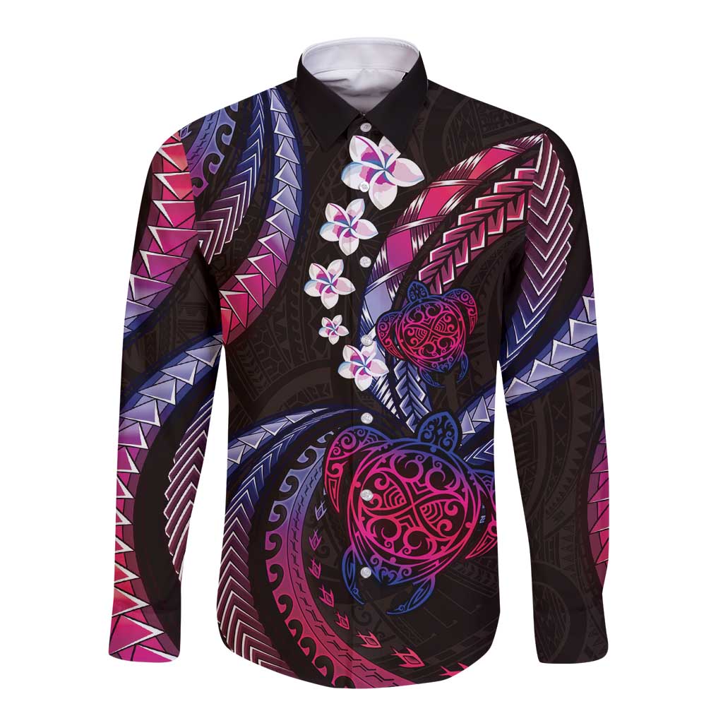 Hawaii Turtles Plumeria Long Sleeve Button Shirt Sweet Gradient Polynesian Pattern