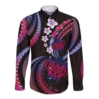 Hawaii Turtles Plumeria Long Sleeve Button Shirt Sweet Gradient Polynesian Pattern