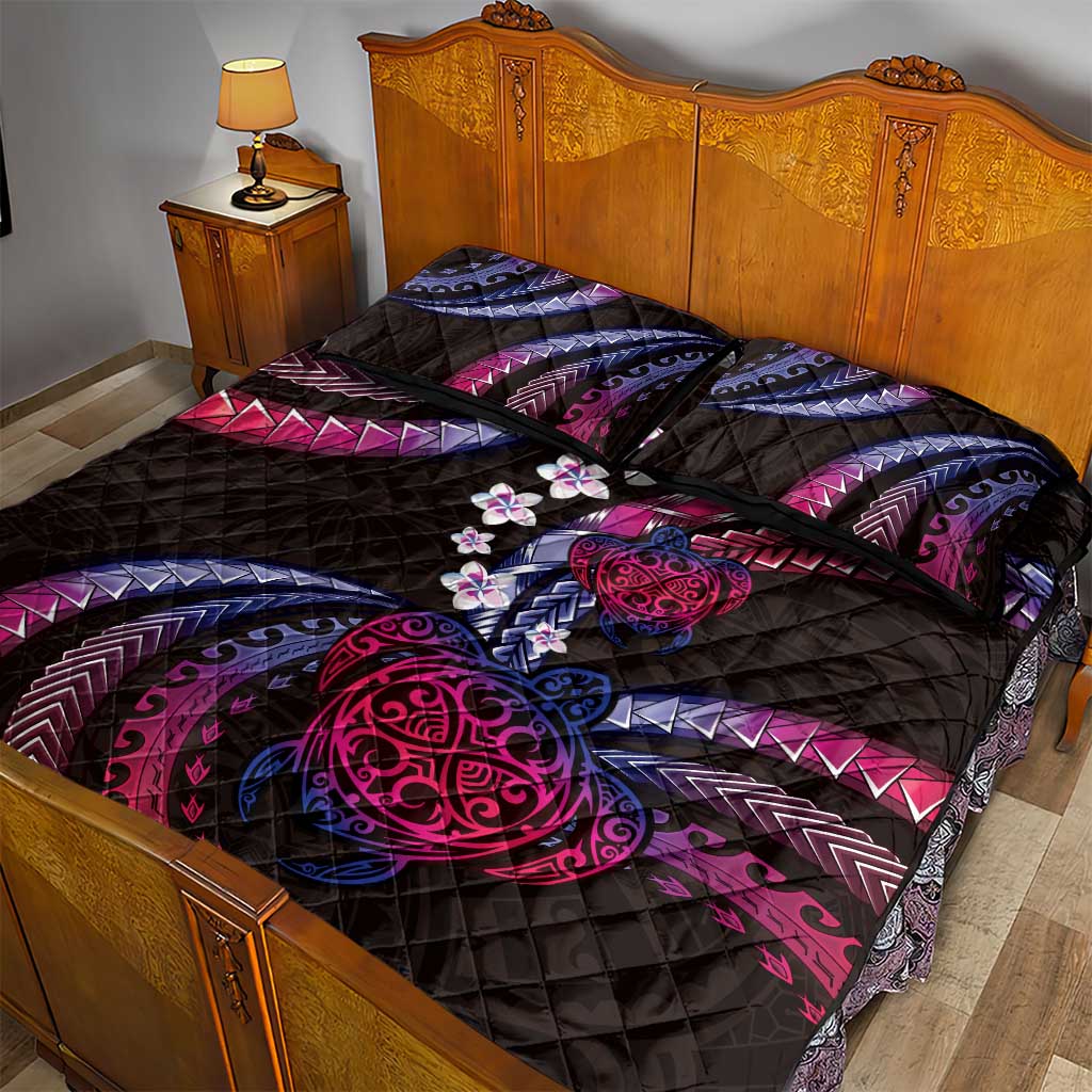 Hawaii Turtles Plumeria Quilt Bed Set Sweet Gradient Polynesian Pattern