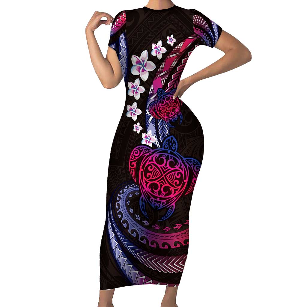 Hawaii Turtles Plumeria Short Sleeve Bodycon Dress Sweet Gradient Polynesian Pattern