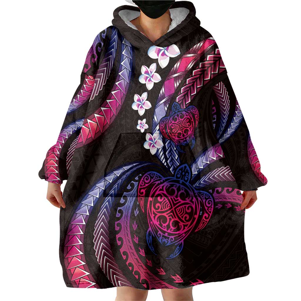 Hawaii Turtles Plumeria Wearable Blanket Hoodie Sweet Gradient Polynesian Pattern