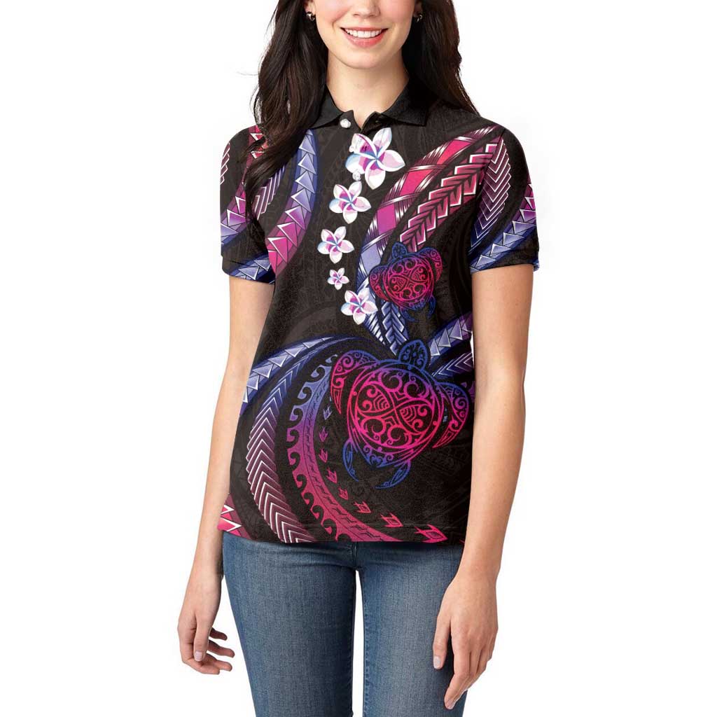 Hawaii Turtles Plumeria Women Polo Shirt Sweet Gradient Polynesian Pattern