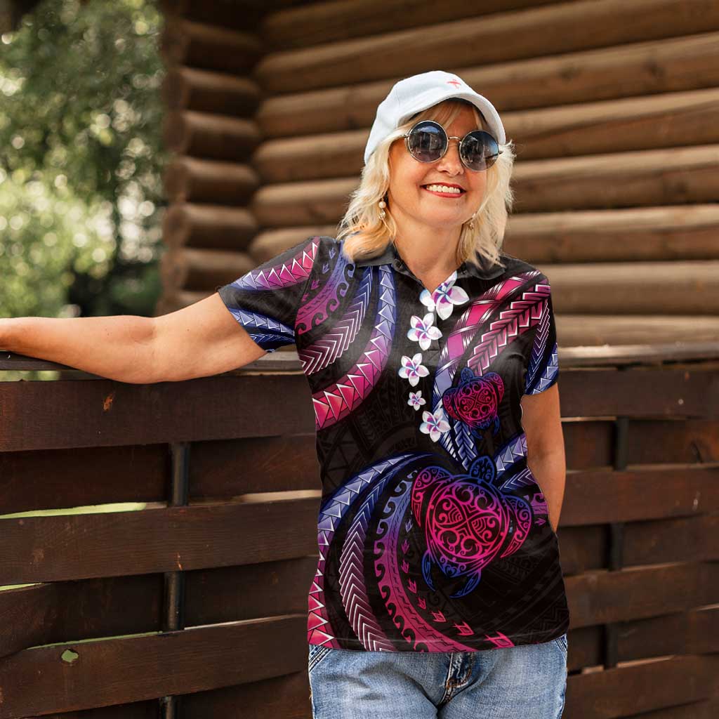 Hawaii Turtles Plumeria Women Polo Shirt Sweet Gradient Polynesian Pattern