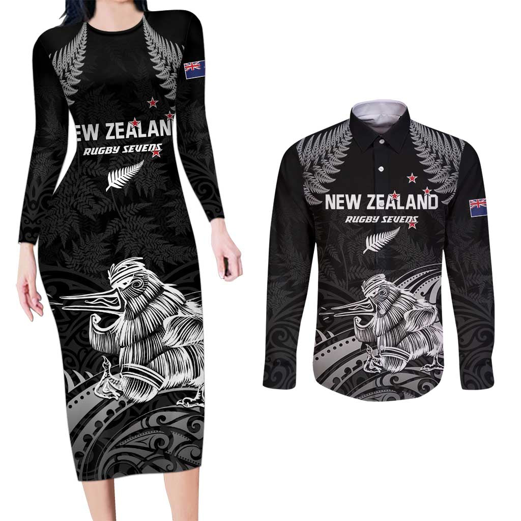 Custom New Zealand 2024 Rugby Couples Matching Long Sleeve Bodycon Dress and Long Sleeve Button Shirt Silver Fern Aotearoa Kiwi