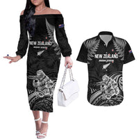 Custom New Zealand 2024 Rugby Couples Matching Off The Shoulder Long Sleeve Dress and Hawaiian Shirt Silver Fern Aotearoa Kiwi