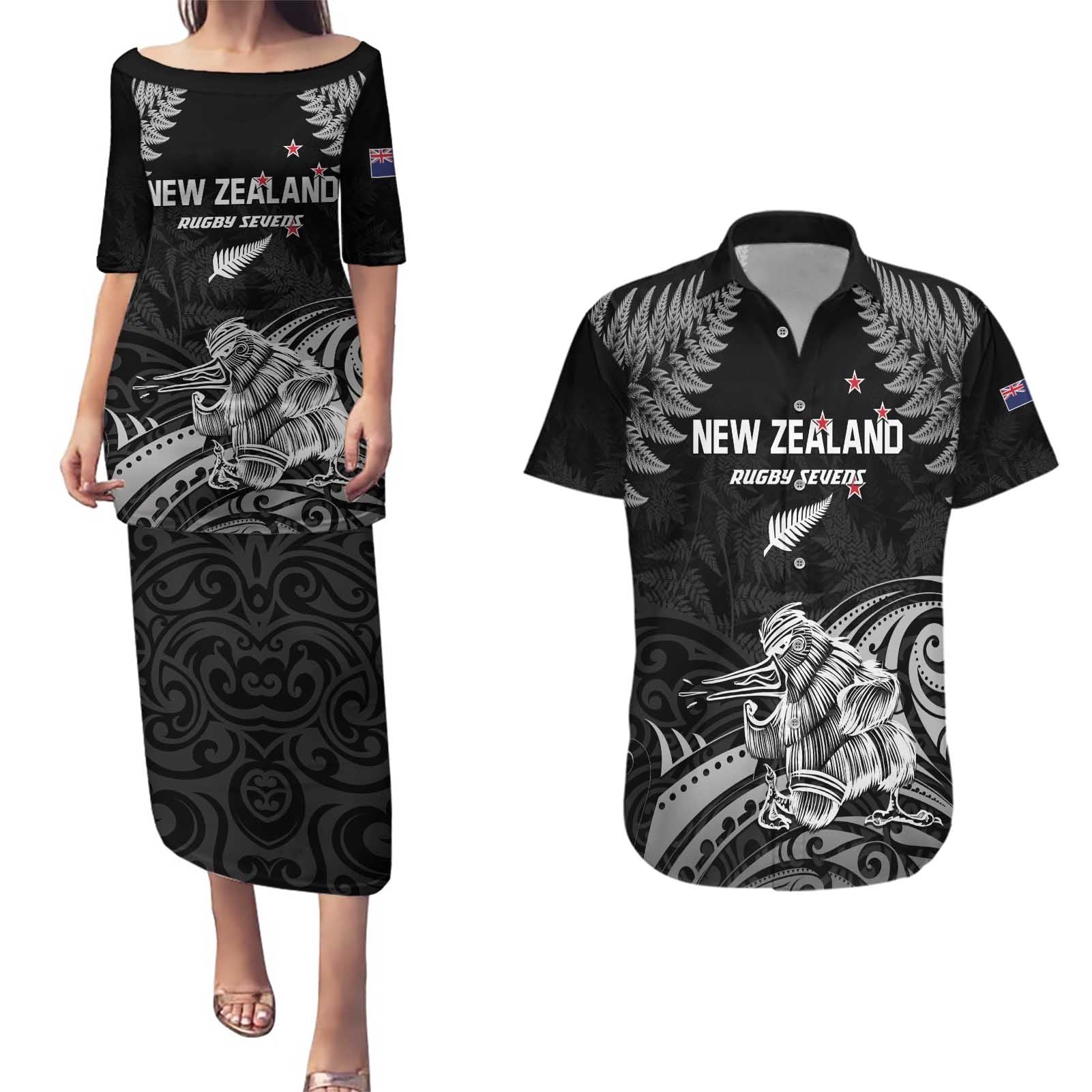 Custom New Zealand 2024 Rugby Couples Matching Puletasi and Hawaiian Shirt Silver Fern Aotearoa Kiwi