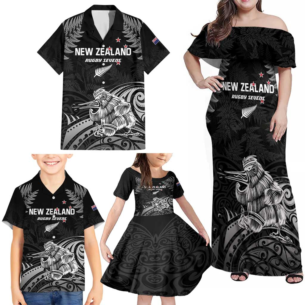 Custom New Zealand 2024 Rugby Family Matching Off Shoulder Maxi Dress and Hawaiian Shirt Silver Fern Aotearoa Kiwi