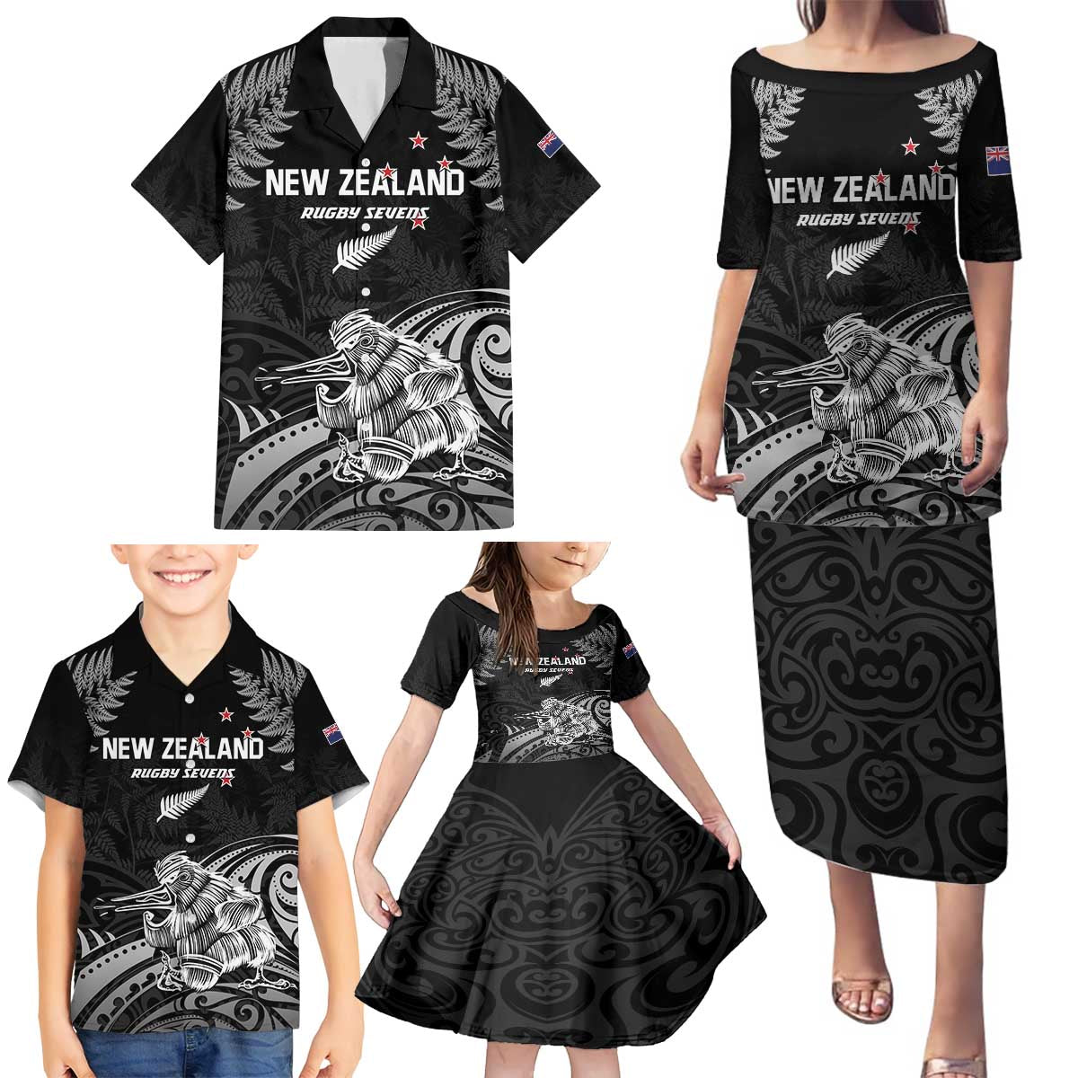 Custom New Zealand 2024 Rugby Family Matching Puletasi and Hawaiian Shirt Silver Fern Aotearoa Kiwi LT01 - Polynesian Pride