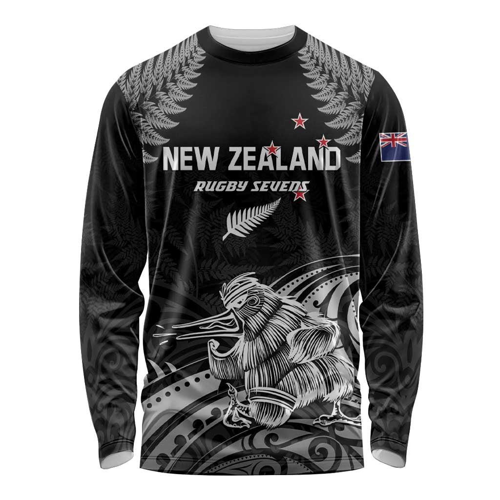 Custom New Zealand 2024 Rugby Long Sleeve Shirt Silver Fern Aotearoa Kiwi LT01 Unisex Black - Polynesian Pride