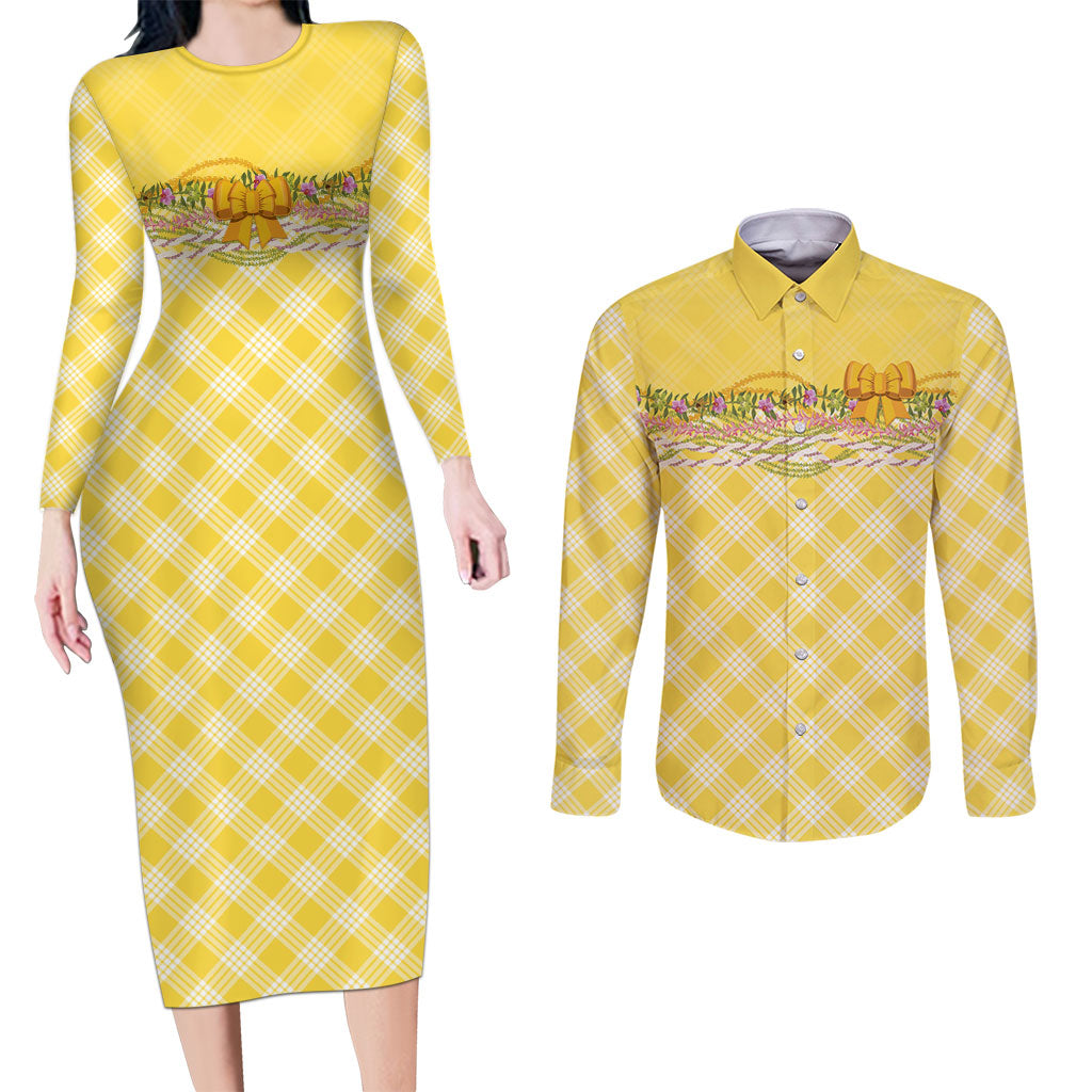 Hawaii Palaka Pikake Lokelani Plumeria Couples Matching Long Sleeve Bodycon Dress and Long Sleeve Button Shirt Melemele Coquette Bow LT01 Yellow - Polynesian Pride