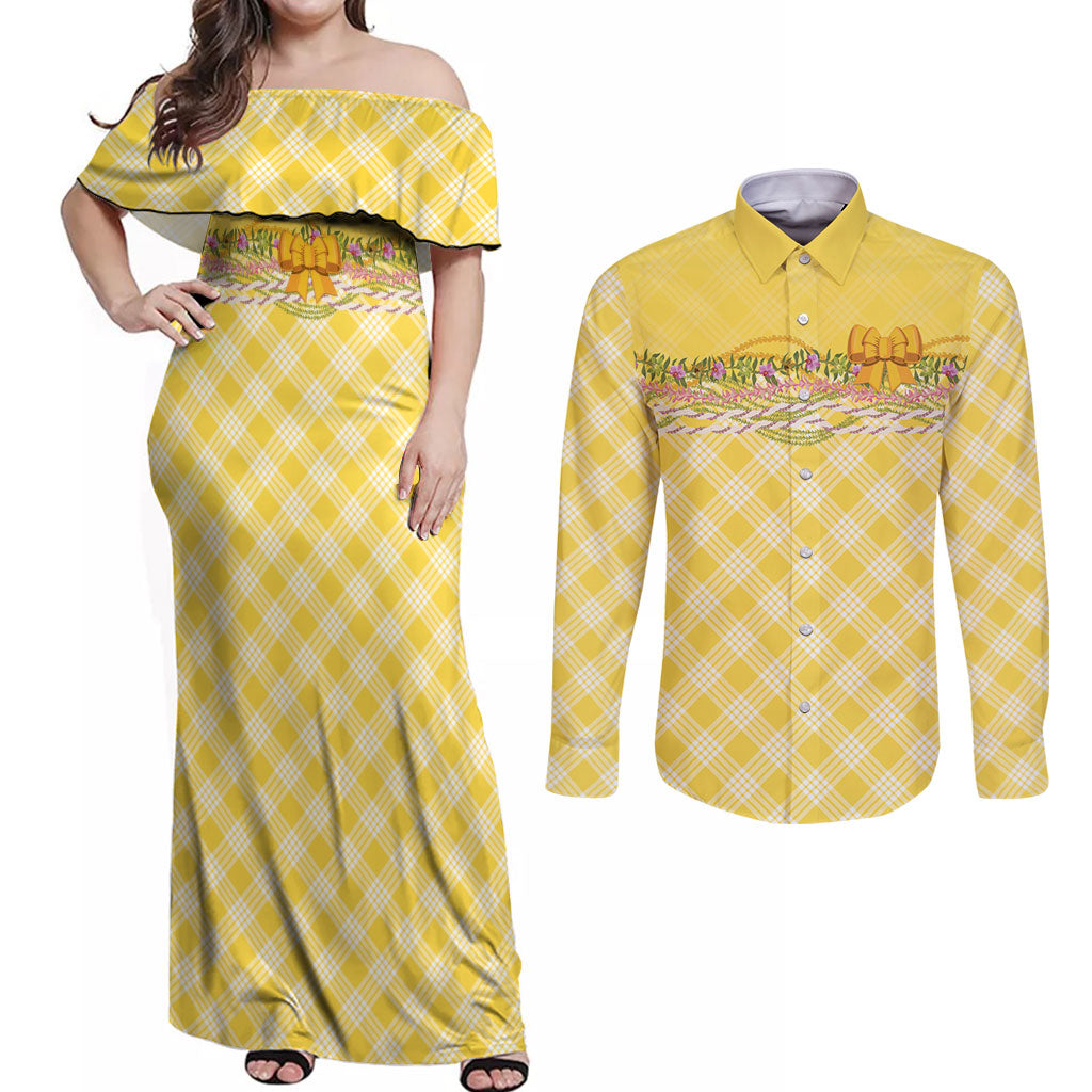 Hawaii Palaka Pikake Lokelani Plumeria Couples Matching Off Shoulder Maxi Dress and Long Sleeve Button Shirt Melemele Coquette Bow LT01 Yellow - Polynesian Pride