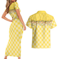 Hawaii Palaka Pikake Lokelani Plumeria Couples Matching Short Sleeve Bodycon Dress and Hawaiian Shirt Melemele Coquette Bow LT01 - Polynesian Pride