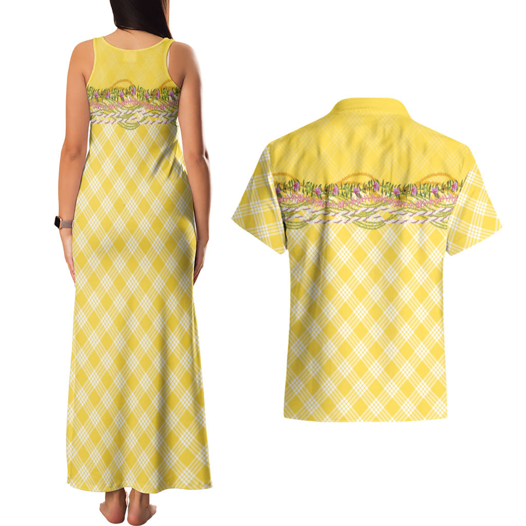 Hawaii Palaka Pikake Lokelani Plumeria Couples Matching Tank Maxi Dress and Hawaiian Shirt Melemele Coquette Bow LT01 - Polynesian Pride
