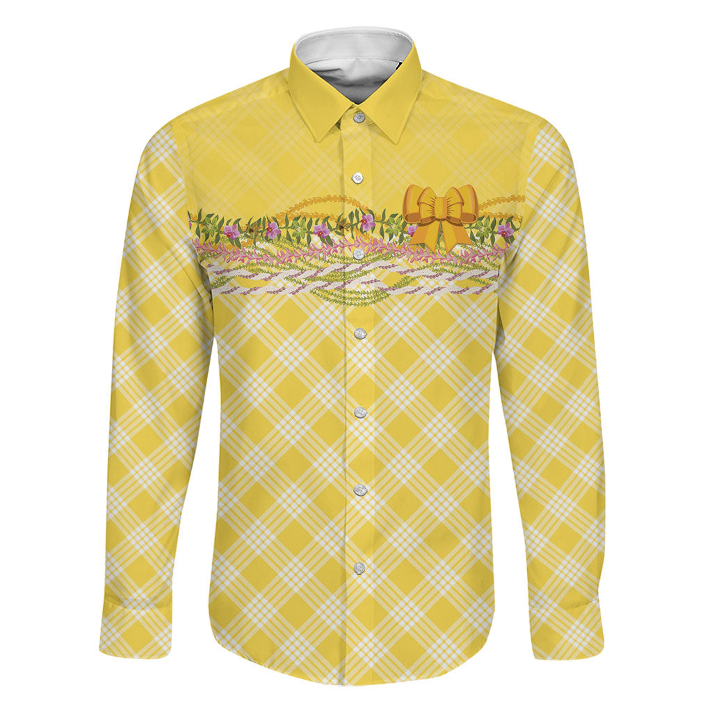 Hawaii Palaka Pikake Lokelani Plumeria Family Matching Off The Shoulder Long Sleeve Dress and Hawaiian Shirt Melemele Coquette Bow LT01 Dad's Shirt - Long Sleeve Yellow - Polynesian Pride