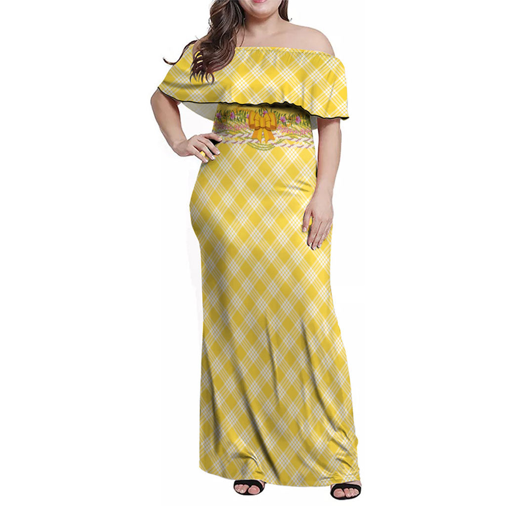 Hawaii Palaka Pikake Lokelani Plumeria Family Matching Off Shoulder Maxi Dress and Hawaiian Shirt Melemele Coquette Bow LT01 Mom's Dress Yellow - Polynesian Pride