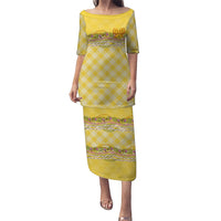 Hawaii Palaka Pikake Lokelani Plumeria Family Matching Puletasi and Hawaiian Shirt Melemele Coquette Bow LT01 Mom's Dress Yellow - Polynesian Pride