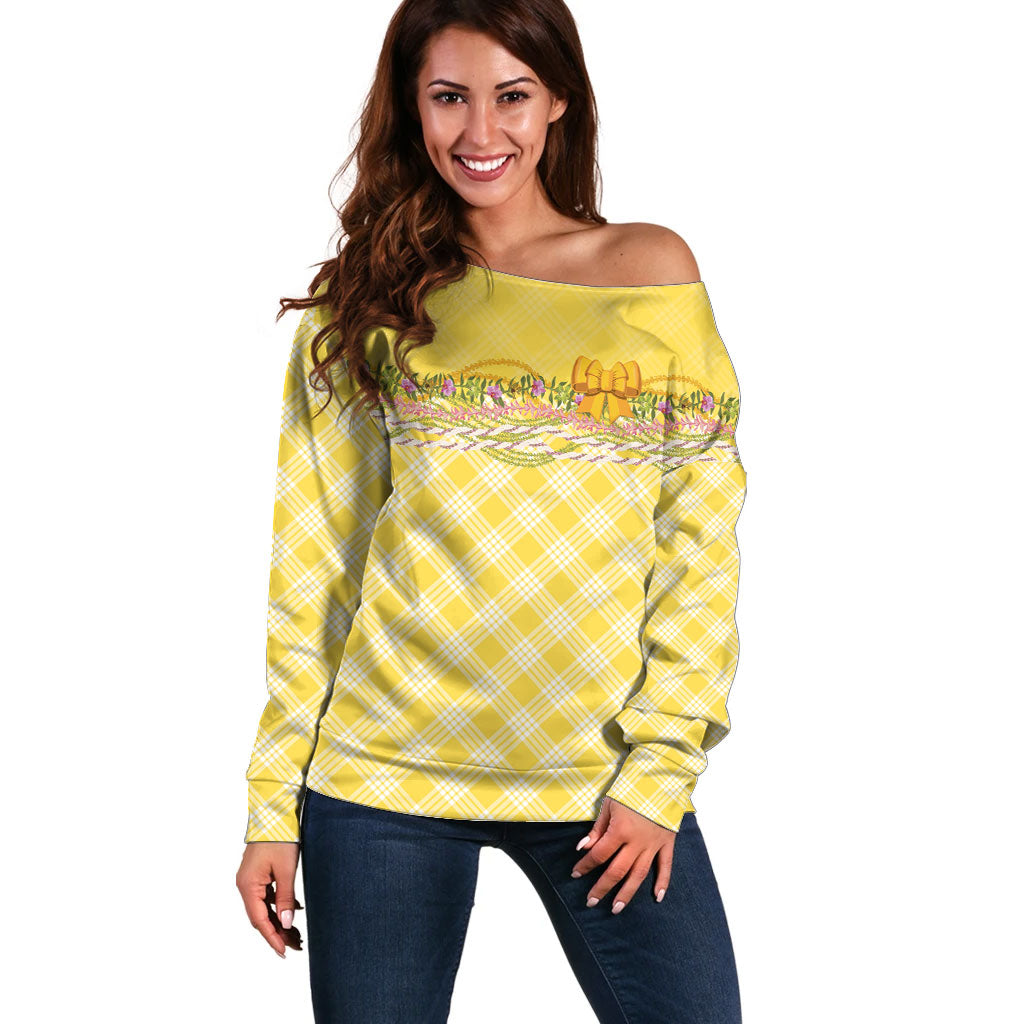 Hawaii Palaka Pikake Lokelani Plumeria Off Shoulder Sweater Melemele Coquette Bow LT01 Women Yellow - Polynesian Pride