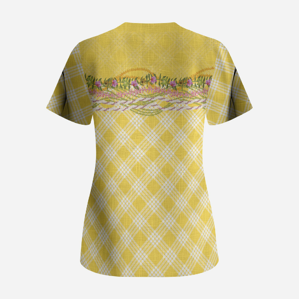Hawaii Palaka Pikake Lokelani Plumeria Scrub Top Melemele Coquette Bow LT01 - Polynesian Pride