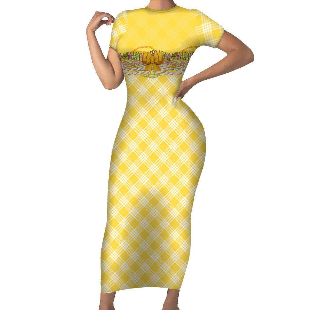 Hawaii Palaka Pikake Lokelani Plumeria Short Sleeve Bodycon Dress Melemele Coquette Bow LT01 Long Dress Yellow - Polynesian Pride