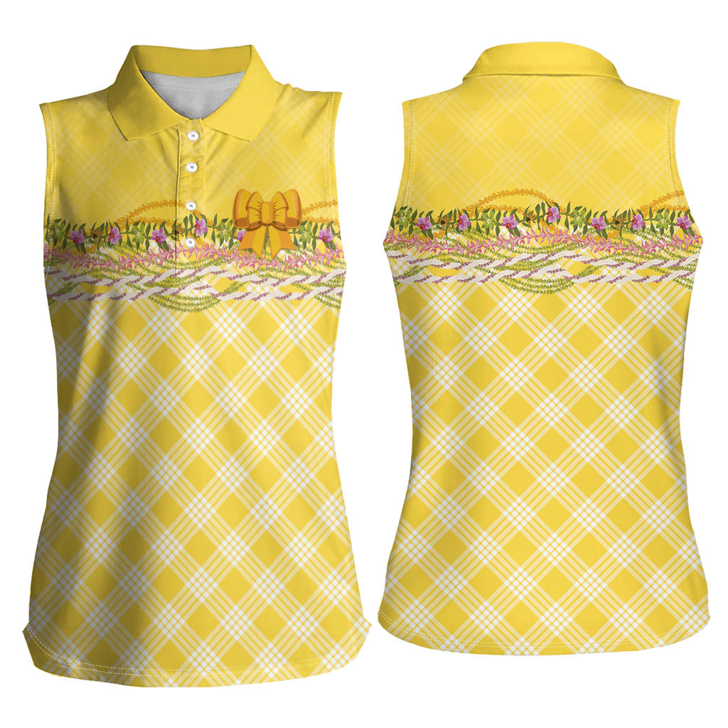 Hawaii Palaka Pikake Lokelani Plumeria Women Sleeveless Polo Shirt Melemele Coquette Bow LT01 - Polynesian Pride