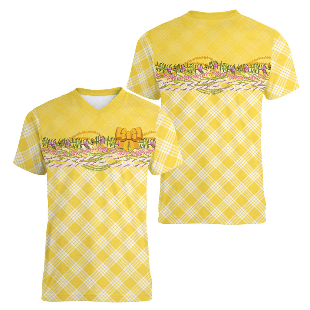 Hawaii Palaka Pikake Lokelani Plumeria Women V-Neck T-Shirt Melemele Coquette Bow LT01 - Polynesian Pride